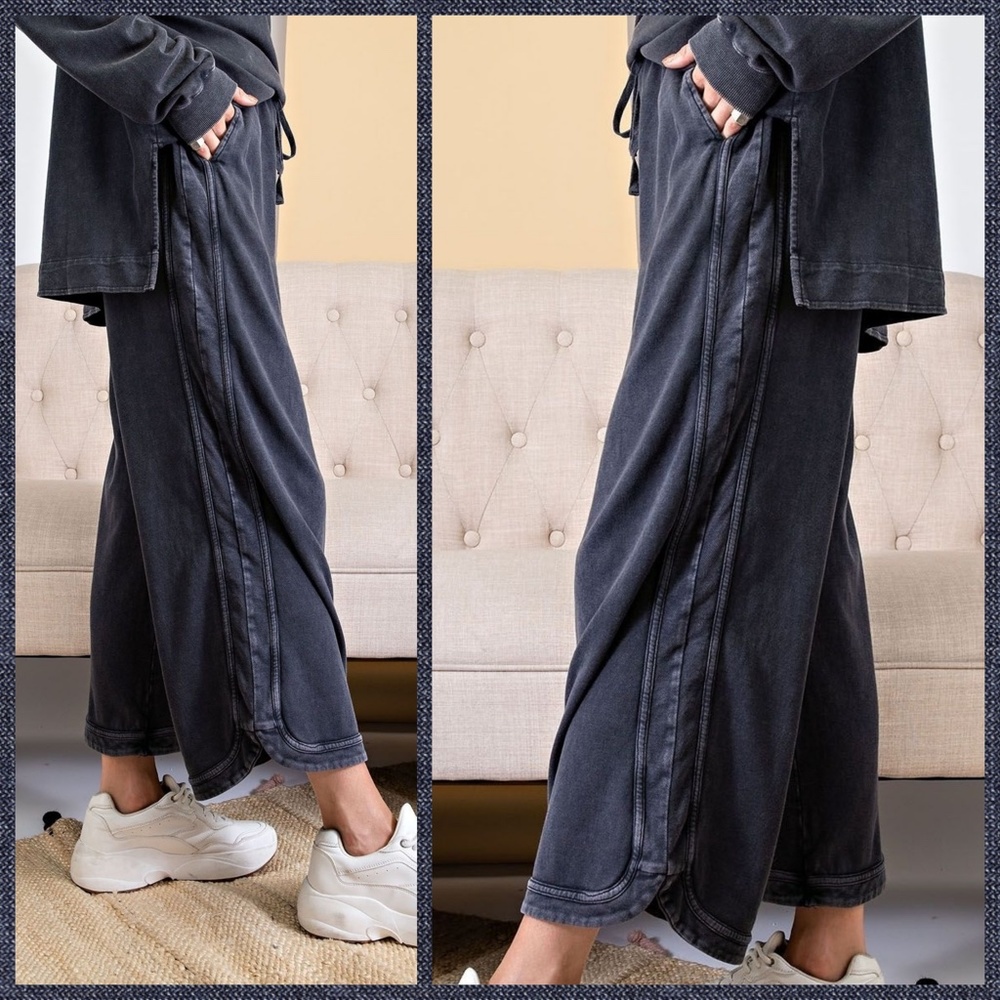 EASEL "So Comfy" Mineral Washed Pants Cotton Terry Side Leg Detail Elastic Waist - Picture 2 of 16